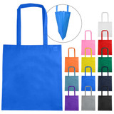 A blue non-woven tote bag with a V gusset, featuring multiple colour variations and a logo.