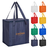 A zipped lid cooler bag in navy with two sturdy handles, available in multiple colours and featuring a logo.