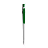 A plastic pen featuring a green grip and white barrel, complete with a branding logo.