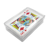 A deck of playing cards in a clear box, featuring colourful illustrations including a King of Diamonds.