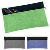 A pencil case in green fabric with a black zipper, filled with pens and markers. Includes grey and blue versions below.
