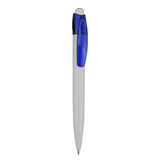 A plastic pen with a white barrel and a blue cap. The pen has a logo on its body.