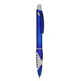 A blue plastic pen with a grip section and a clip, featuring a logo on the side.