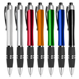 A set of plastic pens in silver, red, orange, green, blue, and black, featuring black grips and a logo.