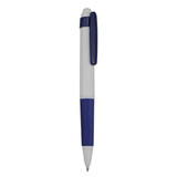 A plastic pen in white and blue featuring a clip and a branding logo.