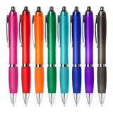 A collection of eight plastic pens in pink, red, orange, green, blue, purple, and black, each with a silver accent and branding.