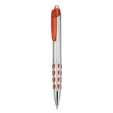 A plastic pen with a silver body and orange accents, featuring a grip with raised dots and a clip.