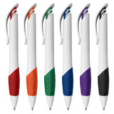 A selection of six plastic pens featuring white barrels with coloured grips: red, orange, green, blue, purple, and black.