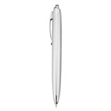 A silver plastic pen with a sleek design and a clip, featuring a logo on its surface.