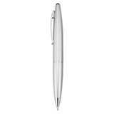 A silver plastic pen with a sleek design, featuring a clip and a branding logo.