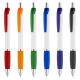 A selection of six plastic pens in red, orange, green, blue, purple, and black, featuring textured grips and a logo.