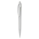 A grey plastic pen with a transparent barrel and a clip. It features a logo on the barrel.