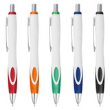 A collection of five plastic pens in white with coloured accents: red, orange, green, blue, and black. Each pen has a logo.