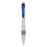 A plastic pen with a white body and blue accents, featuring a cap and a silver clip.