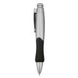 A silver plastic pen with a black rubber grip and clip, featuring a logo on the body.