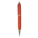 A plastic pen in vibrant red with a silver clip and detailing. The pen features a smooth, sleek design.