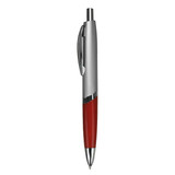A plastic pen featuring a combination of silver and red colours, complete with a clip and a logo.