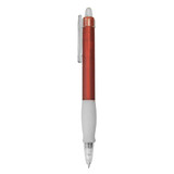 A red plastic pen with a white grip and a clear clip, featuring a logo.