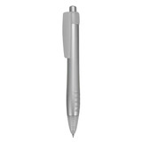 A silver plastic pen featuring a clip and grip, with a logo on its side.