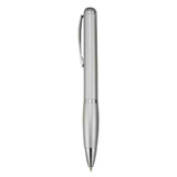 A silver plastic pen featuring a sleek design and a clip for easy attachment. It includes a brand logo on the barrel.