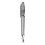A plastic pen with a translucent grey body and silver accents, featuring a retractable mechanism and a branding logo.