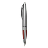 A silver pen with red accents and a clip, featuring a logo.