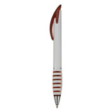 A plastic pen in white with a red grip and clip, featuring a silver accent and a logo on the barrel.