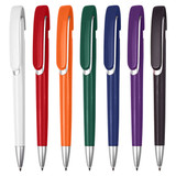 A collection of plastic pens in red, orange, green, blue, purple, brown, and white, each with a branding logo.