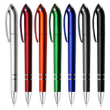 A collection of metallic pens in silver, red, orange, green, blue, and black, featuring a logo on each.