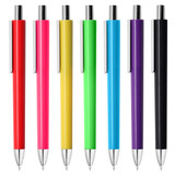 A collection of plastic pens in red, pink, green, yellow, and black, featuring a silver clip and tip, with a logo.