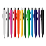A collection of plastic pens in various colours, including white, grey, pink, orange, yellow, green, blue, and black.