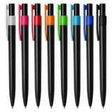 A collection of black plastic pens with various coloured clips in white, pink, orange, green, blue, and black.