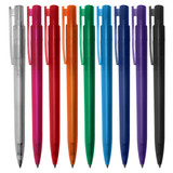 A collection of plastic pens in various colours: clear, red, pink, orange, green, blue, purple, and black. Each has a clip and a logo.