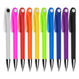 A collection of plastic pens in white, pink, red, orange, yellow, green, purple, and black, featuring clip tops and shiny ends.
