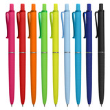 A row of plastic pens in pink, red, orange, green, yellow, blue, and black, featuring a logo on each pen.