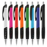 A selection of plastic pens in white, pink, orange, green, blue, and purple with black grips and chrome accents.