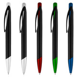 A set of five plastic pens featuring black bodies with coloured accents in white, red, green, and blue. Each pen has a clip.