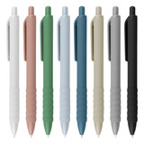A collection of plastic pens in various colours: white, pink, green, light blue, dark blue, beige, grey, and black. Each pen features a grip and clip.