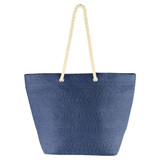 A navy blue tote bag with cream rope handles and a textured finish. It features a simple design with no visible branding.