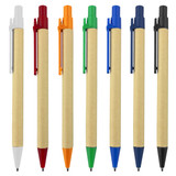 A set of eight recycled cardboard pens in white, red, orange, green, blue, and black. Each has a matching clip.