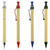 A collection of four recycled cardboard pens in silver, red, blue, and black, featuring sleek designs and coloured clips.