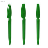 Three green plastic pens are displayed from different angles, each featuring a clip and a capped end.