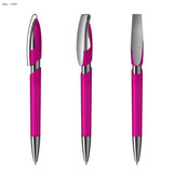 A pink plastic pen with a shiny silver clip and tip, featuring a transparent design.