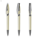 A metallic pen in a cream colour with silver accents, featuring a sleek design and a clip.