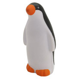 A stress relief toy shaped like a penguin, featuring a black and white body with orange accents on the beak and feet.