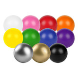 A collection of ten stress balls in various colours, including pink, yellow, green, blue, red, and black. Some have a shiny finish.