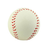A stress ball resembling a baseball, predominantly white with red stitching. It has a smooth texture and a round shape.