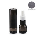 A black spray bottle and a small container, accompanied by a grey microfiber lens cloth.