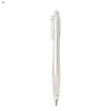 A plastic pen with a transparent barrel, silver accents, and a white grip, featuring a clip and a branding logo.