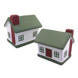 Two stress-relief house shapes with green roofs and white walls, featuring red doors and windows.